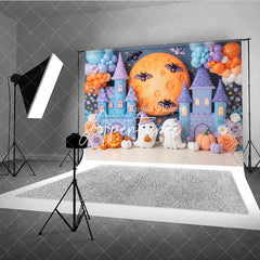 Aperturee - Aperturee Cute Pastel Halloween Castle Photography Backdrop with Friendly Ghosts Moon Bats and Pumpkins for Kids Party Decor