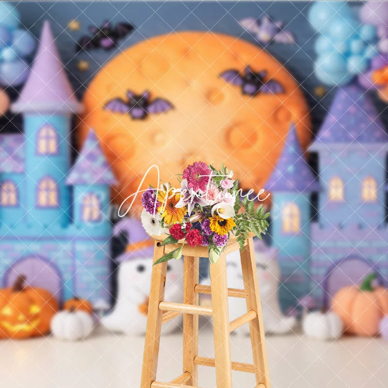 Aperturee - Aperturee Cute Pastel Halloween Castle Photography Backdrop with Friendly Ghosts Moon Bats and Pumpkins for Kids Party Decor