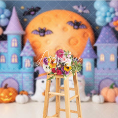 Aperturee - Aperturee Cute Pastel Halloween Castle Photography Backdrop with Friendly Ghosts Moon Bats and Pumpkins for Kids Party Decor