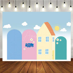 Aperturee - Aperturee Cute Pink Pig Cartoon Birthday Backdrop Kids Playhouse and Sunshine Party Banner Fun Animated Theme Photo Prop