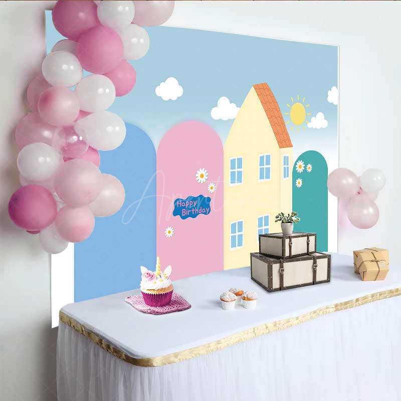 Aperturee - Aperturee Cute Pink Pig Cartoon Birthday Backdrop Kids Playhouse and Sunshine Party Banner Fun Animated Theme Photo Prop