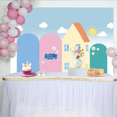 Aperturee - Aperturee Cute Pink Pig Cartoon Birthday Backdrop Kids Playhouse and Sunshine Party Banner Fun Animated Theme Photo Prop