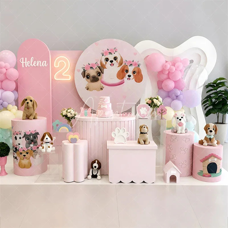 Aperturee - Aperturee Cute Pink Puppy Dogs and Flower Crowns Round Backdrop Kit Adorable Pet Themed Birthday Party and Baby Shower Decor