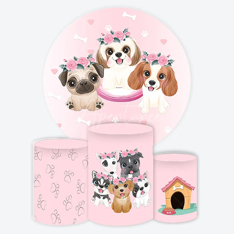 Aperturee - Aperturee Cute Pink Puppy Dogs and Flower Crowns Round Backdrop Kit Adorable Pet Themed Birthday Party and Baby Shower Decor