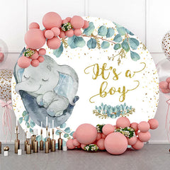Aperturee - Aperturee Cute Sleeping Baby Elephant and Eucalyptus Round Backdrop Gold Glitter Its a Boy Baby Shower Party Decor
