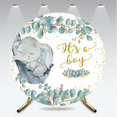 Aperturee - Aperturee Cute Sleeping Baby Elephant and Eucalyptus Round Backdrop Gold Glitter Its a Boy Baby Shower Party Decor