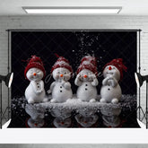 Aperturee - Aperturee Cute Snowmen Christmas Backdrop Four Snowman Figures with Red Hats Falling Snow Winter Photo Background