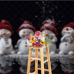 Aperturee - Aperturee Cute Snowmen Christmas Backdrop Four Snowman Figures with Red Hats Falling Snow Winter Photo Background