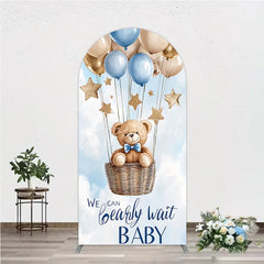 Aperturee - Aperturee Cute Teddy Bear Blue and Gold Balloons Round Top Arch Backdrop We Can Bearly Wait Baby Shower Decor