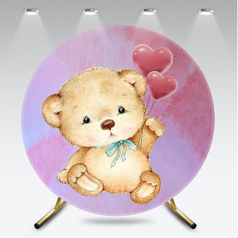 Aperturee - Aperturee Cute Teddy Bear with Heart Balloons Round Backdrop Pink Watercolor Background Kids Birthday or Baby Shower