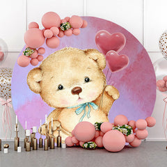 Aperturee - Aperturee Cute Teddy Bear with Heart Balloons Round Backdrop Pink Watercolor Background Kids Birthday or Baby Shower