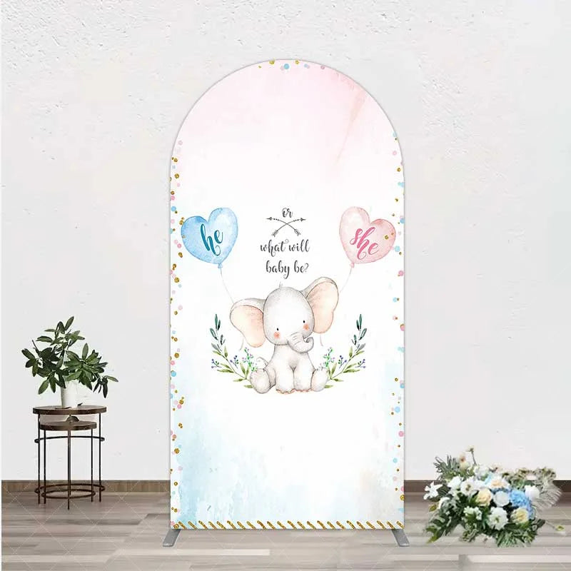 Aperturee - Aperturee Cute Watercolor Baby Elephant Gender Reveal Arch Backdrop Pink Blue Hearts Or What Will Baby Be Party