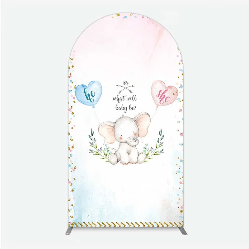 Aperturee - Aperturee Cute Watercolor Baby Elephant Gender Reveal Arch Backdrop Pink Blue Hearts Or What Will Baby Be Party