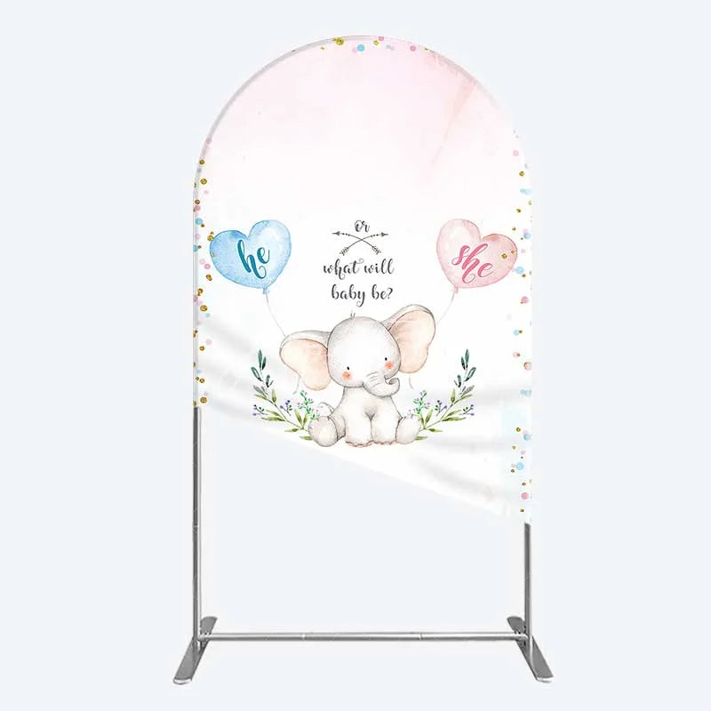 Aperturee - Aperturee Cute Watercolor Baby Elephant Gender Reveal Arch Backdrop Pink Blue Hearts Or What Will Baby Be Party