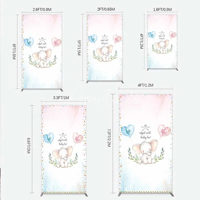 Aperturee - Aperturee Cute Watercolor Baby Elephant Gender Reveal Rectangle Backdrop Pink Blue Hearts Or What Will Baby Be Party