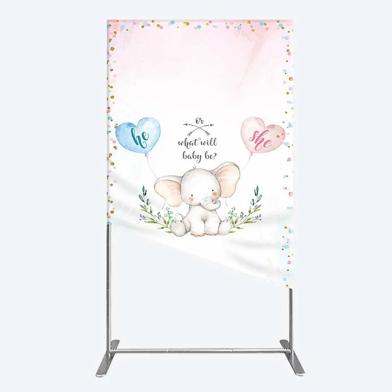 Aperturee - Aperturee Cute Watercolor Baby Elephant Gender Reveal Rectangle Backdrop Pink Blue Hearts Or What Will Baby Be Party