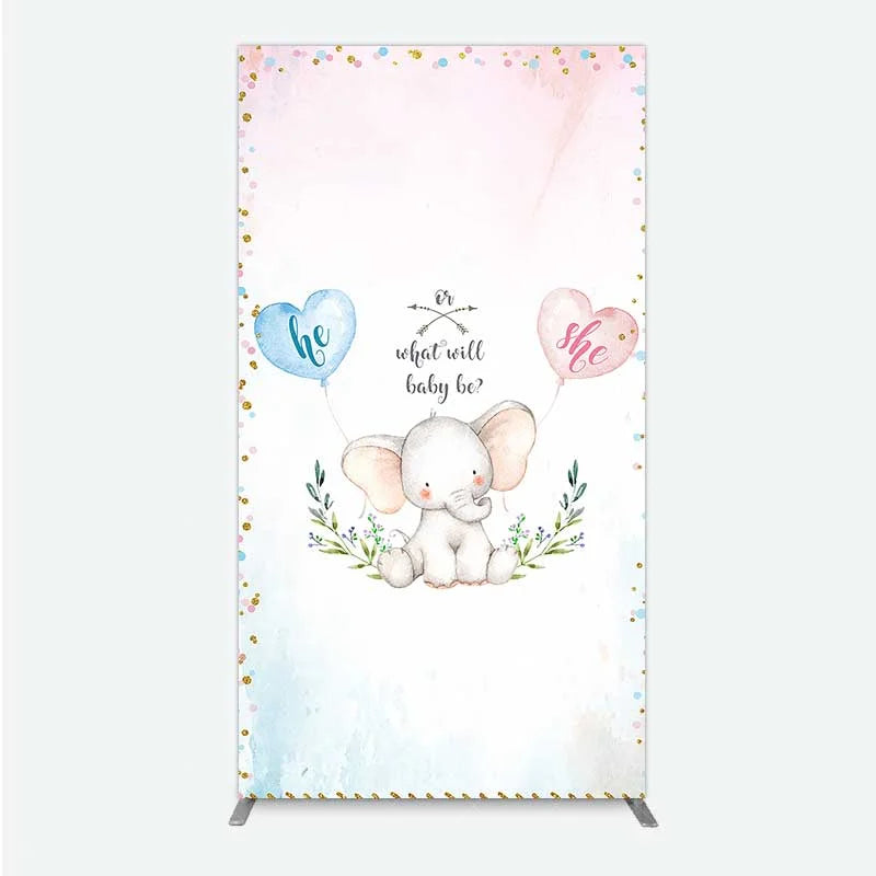 Aperturee - Aperturee Cute Watercolor Baby Elephant Gender Reveal Rectangle Backdrop Pink Blue Hearts Or What Will Baby Be Party