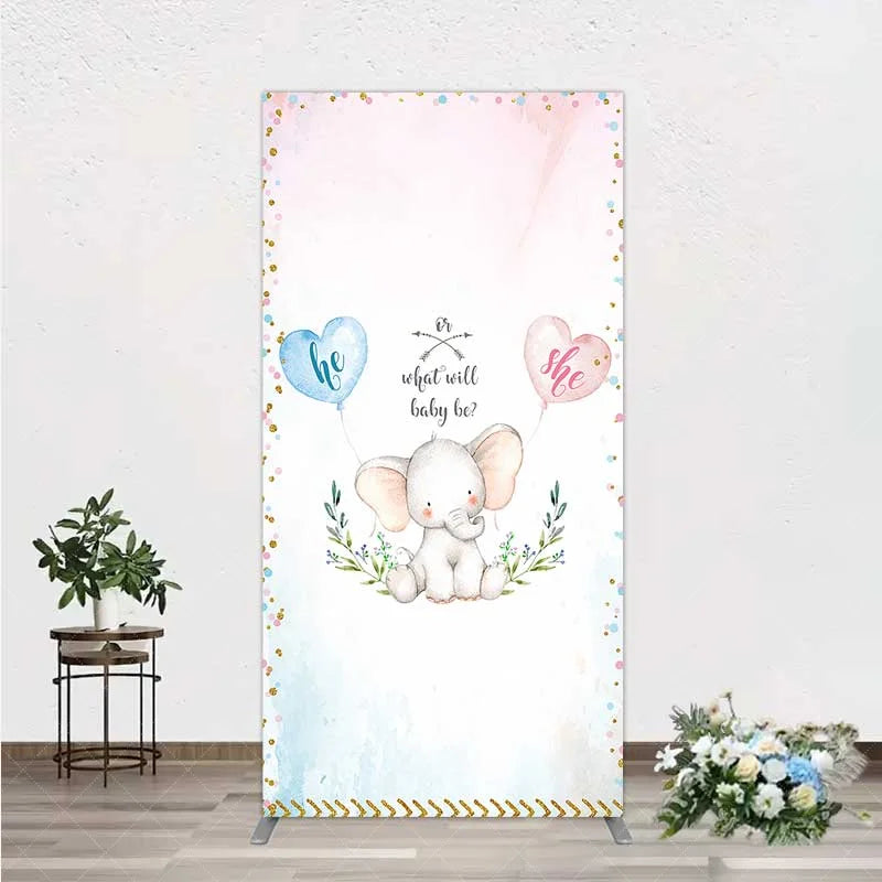 Aperturee - Aperturee Cute Watercolor Baby Elephant Gender Reveal Rectangle Backdrop Pink Blue Hearts Or What Will Baby Be Party