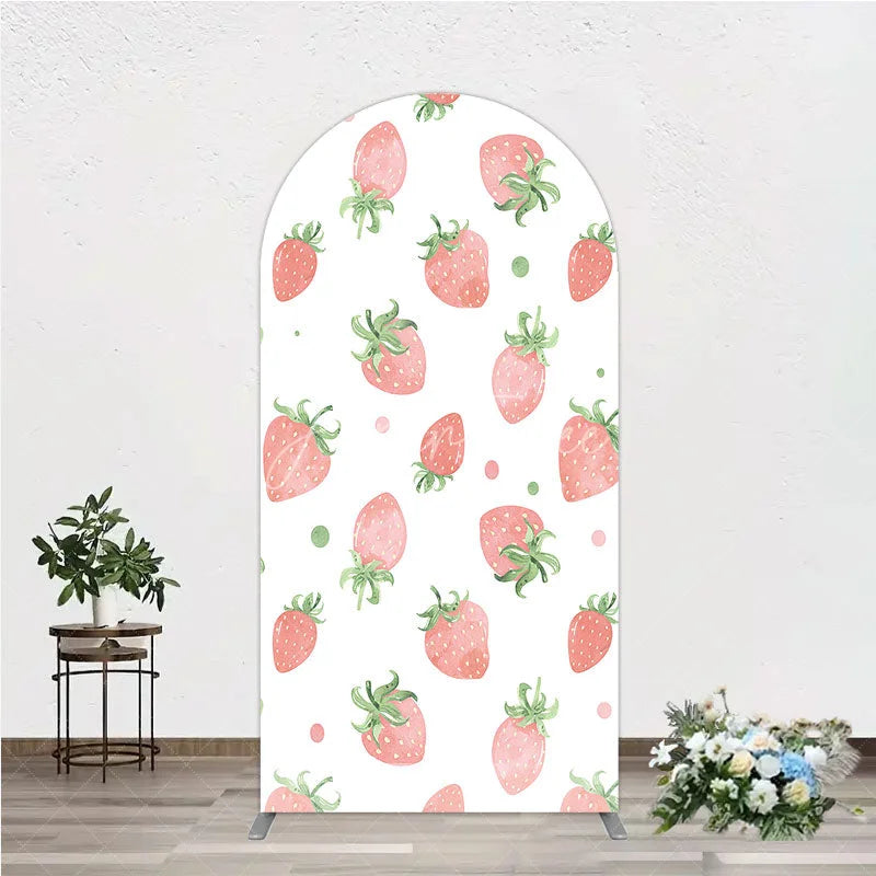Aperturee - Aperturee Cute Watercolor Strawberry Pattern Round Top Arch Backdrop Pink and Green Dots for Birthday Party
