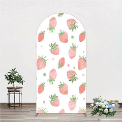 Aperturee - Aperturee Cute Watercolor Strawberry Pattern Round Top Arch Backdrop Pink and Green Dots for Birthday Party