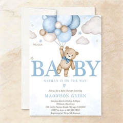 Aperturee - Aperturee Set of 20 Cute Watercolor Teddy Bear and Blue Balloon Custom Invitation Personalized Baby Shower or Birthday Party
