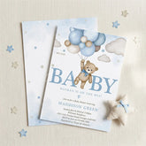 Aperturee - Aperturee Set of 20 Cute Watercolor Teddy Bear and Blue Balloon Custom Invitation Personalized Baby Shower or Birthday Party