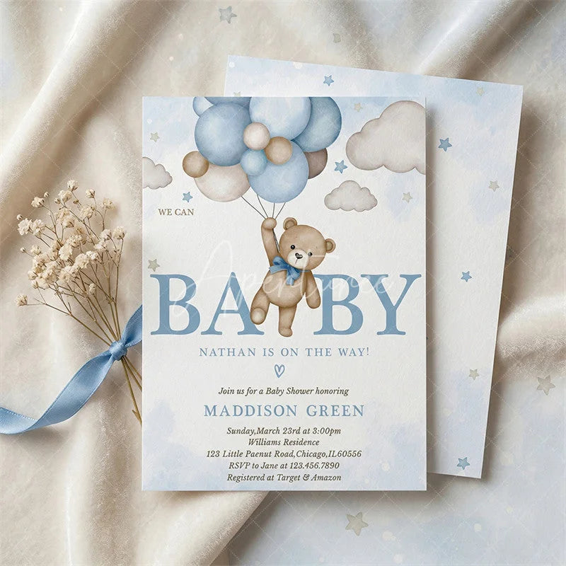 Aperturee - Aperturee Set of 20 Cute Watercolor Teddy Bear and Blue Balloon Custom Invitation Personalized Baby Shower or Birthday Party