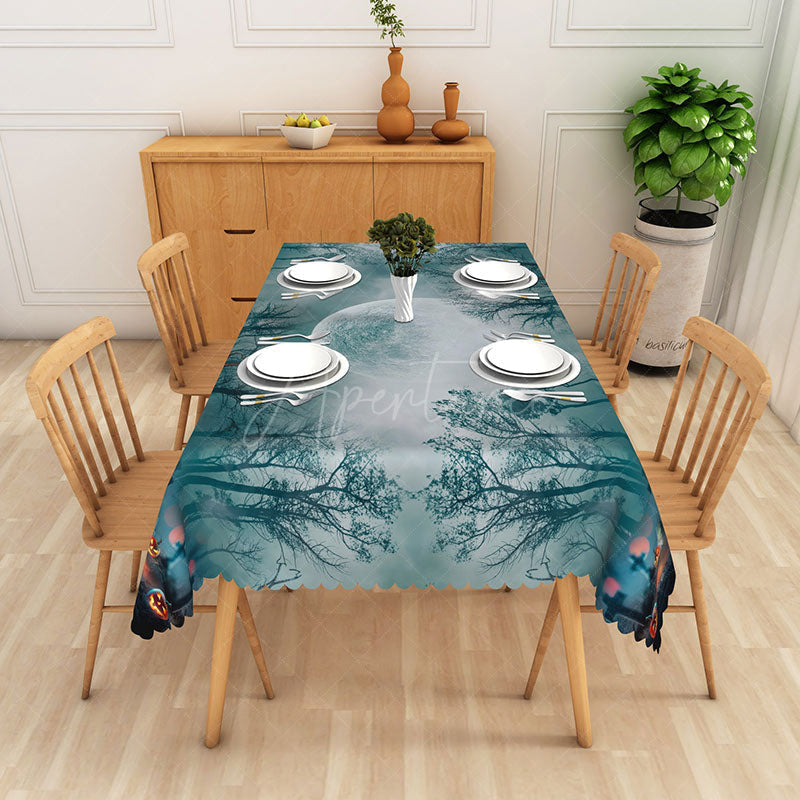 Aperturee - Aperturee Cyan Halloween Rectangle Tablecloth with Moon Tree and Jack O’ Lanterns for Spooky Night Scene Decor