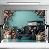 Aperturee - Aperturee Cyan Retro Floral Ancient Car Photography Backdrop