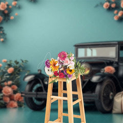 Aperturee - Aperturee Cyan Retro Floral Ancient Car Photography Backdrop