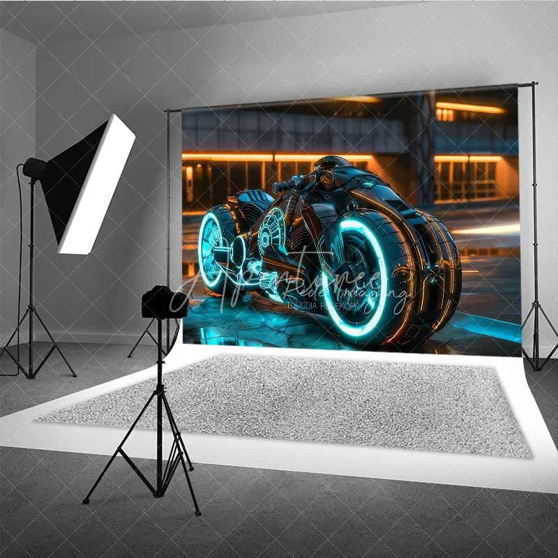 Aperturee - Aperturee Cyberpunk City Backdrop Sci-Fi Neon Motorcycle Photography Background Future Tech Street Photo Booth Prop