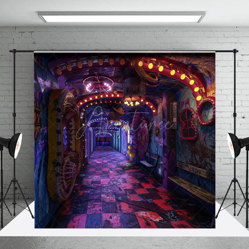 Aperturee - Aperturee Cyberpunk Graffiti Hallway Photography Backdrop 80s Neon Light Urban Wall for Retro Themed Photo Shoots