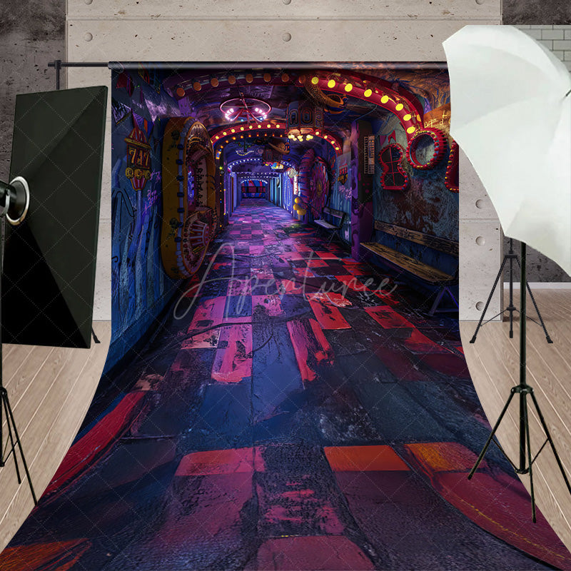 Aperturee - Aperturee Cyberpunk Graffiti Hallway Sweep Backdrop 80s Neon Arcade and Urban Floor Retro Party Photo Booth