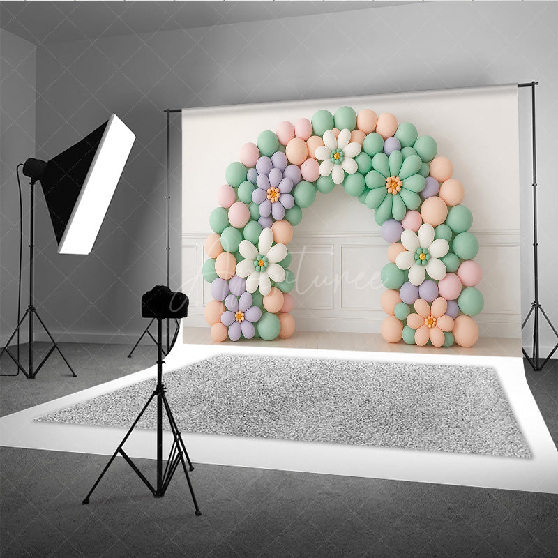 Aperturee Aperturee Daisy Balloon Arch Cake Smash Backdrop Pastel Rainbow Colors with Flowers Groovy First Birthday Photo Prop