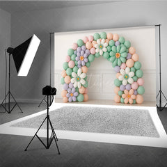 Aperturee Aperturee Daisy Balloon Arch Cake Smash Backdrop Pastel Rainbow Colors with Flowers Groovy First Birthday Photo Prop