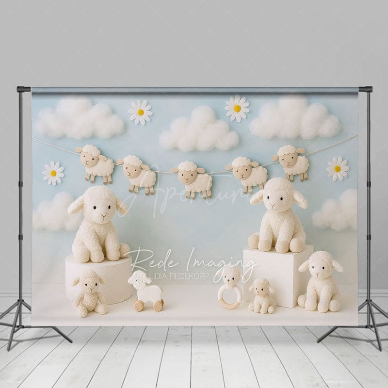 Aperturee - Aperturee Daisy Cloudy Floral Sheep Sweet Cake Smash Backdrop