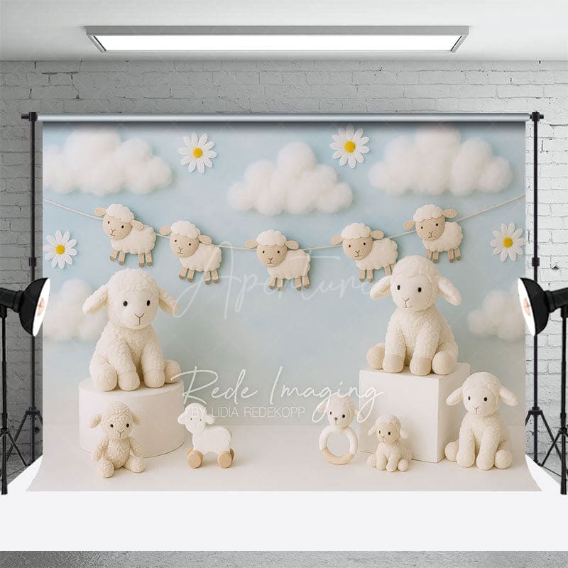 Aperturee - Aperturee Daisy Cloudy Floral Sheep Sweet Cake Smash Backdrop