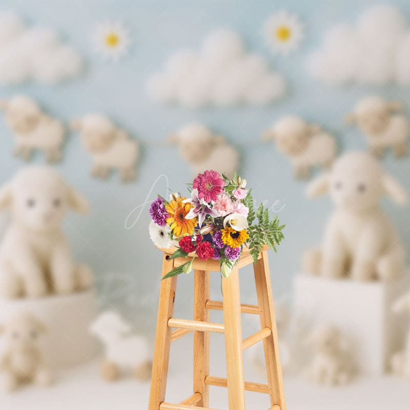 Aperturee - Aperturee Daisy Cloudy Floral Sheep Sweet Cake Smash Backdrop