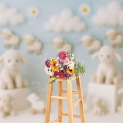 Aperturee - Aperturee Daisy Cloudy Floral Sheep Sweet Cake Smash Backdrop