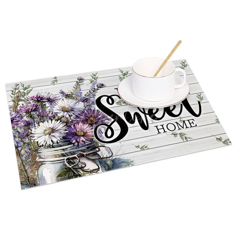Aperturee - Aperturee Daisy Floral Home Sweet Home Wood Set of 4 Placemats