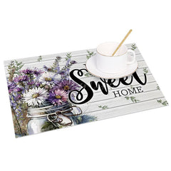 Aperturee - Aperturee Daisy Floral Home Sweet Home Wood Set of 4 Placemats
