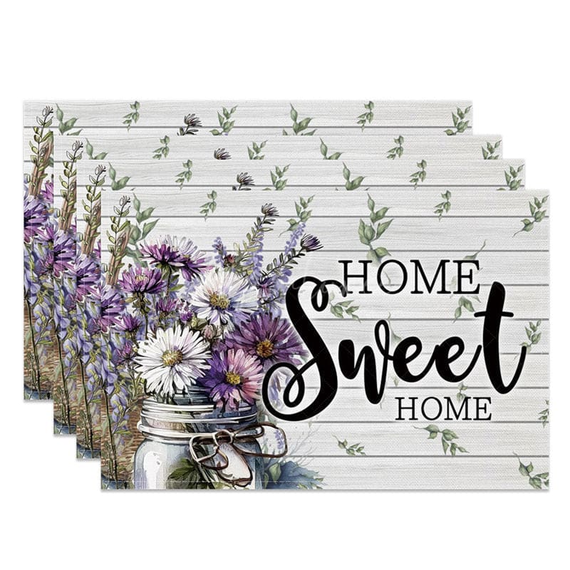 Aperturee - Aperturee Daisy Floral Home Sweet Home Wood Set of 4 Placemats