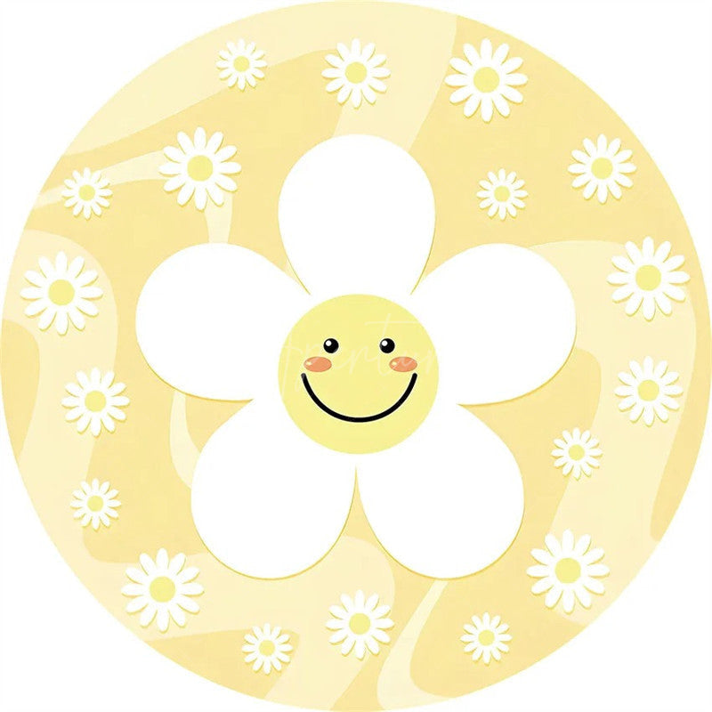Aperturee - Aperturee Daisy Floral Round Backdrop Yellow White Spring Flower Circle Frame Wedding Birthday Baby Shower Photo Background