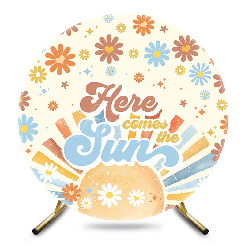 Aperturee - Aperturee Daisy Sun Here Comes The Sun Round Baby Shower Backdrop