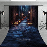 Aperturee - Aperturee Dark Alley with Glowing Jack-o’-Lanterns Halloween Sweep Backdrop Spooky Night Party Decor