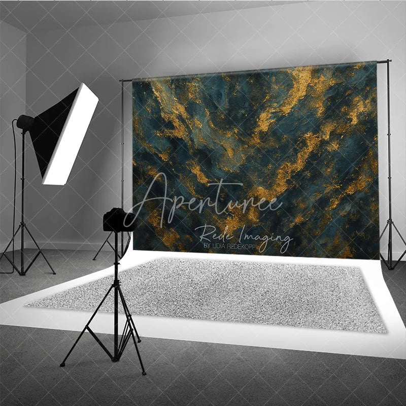 Aperturee - Aperturee Dark Blue and Gold Abstract Texture Photography Backdrop Elegant Artistic Portrait Background