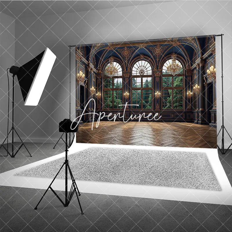 Aperturee - Aperturee Dark Blue and Gold Royal Palace Photography Backdrop with Arched Windows and Forest View Elegant Interior Decor