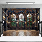 Aperturee - Aperturee Dark Blue and Gold Royal Palace Photography Backdrop with Arched Windows and Forest View Elegant Interior Decor