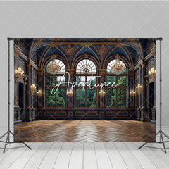 Aperturee - Aperturee Dark Blue and Gold Royal Palace Photography Backdrop with Arched Windows and Forest View Elegant Interior Decor