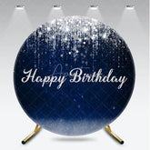 Aperturee - Aperturee Dark Blue and Silver Glitter Happy Birthday Round Backdrop Elegant Sparkling Celebration Party Decor for Photography